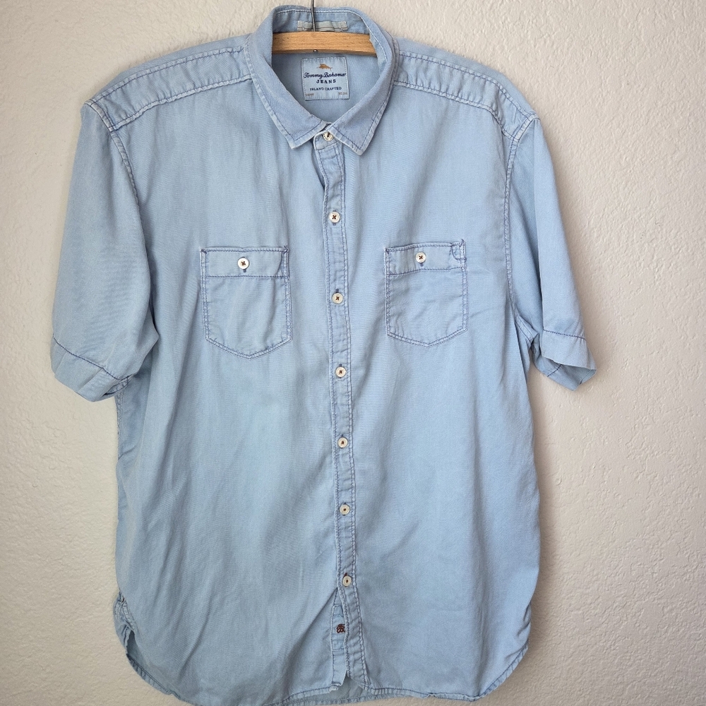 Tommy Bahama Island Crafted Sz L Jeans ButtonUp Blue Pockets ThickStitch Lyocell